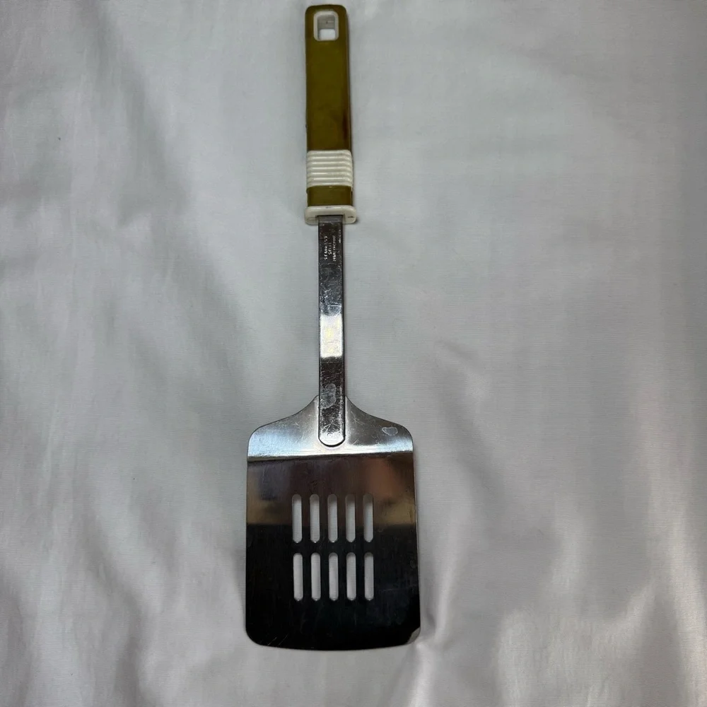 Vintage Stainless Steel Slotted Spatula Green handle